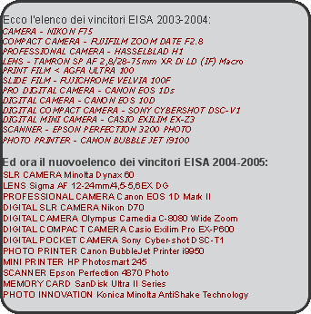 
Ecco l'elenco dei vincitori EISA 2003-2004:
CAMERA - NIKON F75